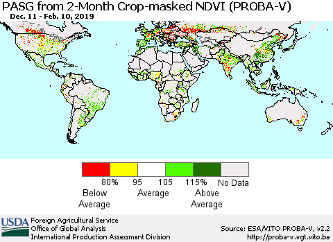 World PASG from 2-Month Crop-masked NDVI (PROBA-V) Thematic Map For 2/1/2019 - 2/10/2019