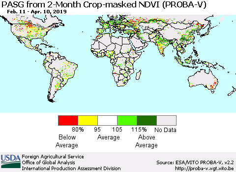 World PASG from 2-Month Crop-masked NDVI (PROBA-V) Thematic Map For 4/1/2019 - 4/10/2019