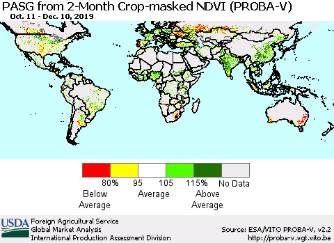 World PASG from 2-Month Crop-masked NDVI (PROBA-V) Thematic Map For 12/1/2019 - 12/10/2019
