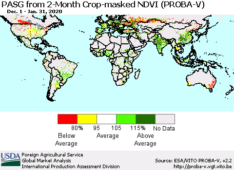 World PASG from 2-Month Crop-masked NDVI (PROBA-V) Thematic Map For 1/21/2020 - 1/31/2020