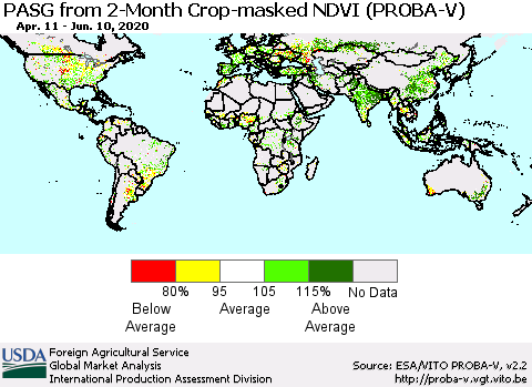 World PASG from 2-Month Crop-masked NDVI (PROBA-V) Thematic Map For 6/1/2020 - 6/10/2020