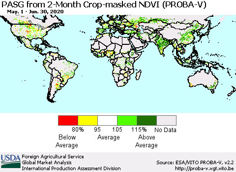 World PASG from 2-Month Crop-masked NDVI (PROBA-V) Thematic Map For 6/21/2020 - 6/30/2020