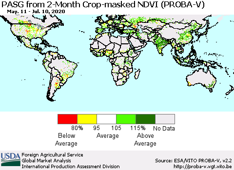 World PASG from 2-Month Crop-masked NDVI (PROBA-V) Thematic Map For 7/1/2020 - 7/10/2020