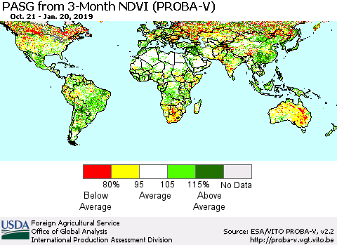 World PASG from 3-Month NDVI (PROBA-V) Thematic Map For 1/11/2019 - 1/20/2019