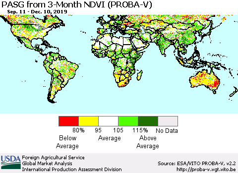 World PASG from 3-Month NDVI (PROBA-V) Thematic Map For 12/1/2019 - 12/10/2019