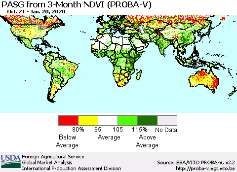 World PASG from 3-Month NDVI (PROBA-V) Thematic Map For 1/11/2020 - 1/20/2020