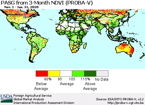 World PASG from 3-Month NDVI (PROBA-V) Thematic Map For 1/21/2020 - 1/31/2020
