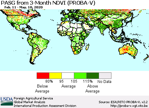 World PASG from 3-Month NDVI (PROBA-V) Thematic Map For 5/1/2020 - 5/10/2020