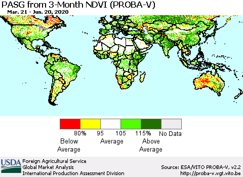 World PASG from 3-Month NDVI (PROBA-V) Thematic Map For 6/11/2020 - 6/20/2020