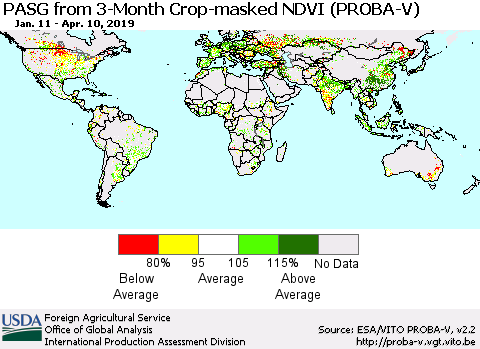 World PASG from 3-Month Crop-masked NDVI (PROBA-V) Thematic Map For 4/1/2019 - 4/10/2019
