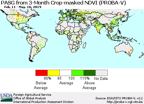 World PASG from 3-Month Crop-masked NDVI (PROBA-V) Thematic Map For 5/1/2019 - 5/10/2019