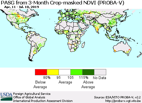 World PASG from 3-Month Crop-masked NDVI (PROBA-V) Thematic Map For 7/1/2019 - 7/10/2019
