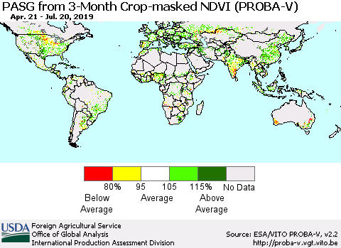 World PASG from 3-Month Crop-masked NDVI (PROBA-V) Thematic Map For 7/11/2019 - 7/20/2019