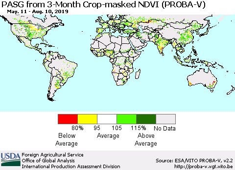 World PASG from 3-Month Crop-masked NDVI (PROBA-V) Thematic Map For 8/1/2019 - 8/10/2019