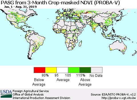 World PASG from 3-Month Crop-masked NDVI (PROBA-V) Thematic Map For 8/21/2019 - 8/31/2019