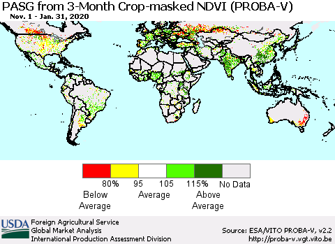 World PASG from 3-Month Crop-masked NDVI (PROBA-V) Thematic Map For 1/21/2020 - 1/31/2020