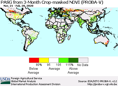 World PASG from 3-Month Crop-masked NDVI (PROBA-V) Thematic Map For 2/11/2020 - 2/20/2020