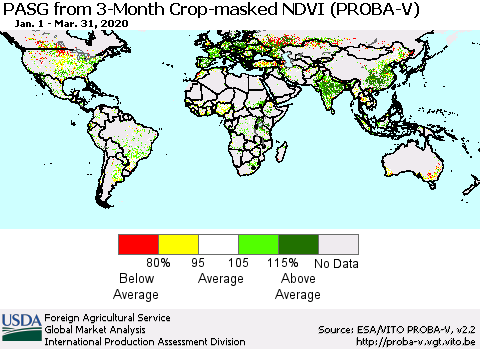 World PASG from 3-Month Crop-masked NDVI (PROBA-V) Thematic Map For 3/21/2020 - 3/31/2020