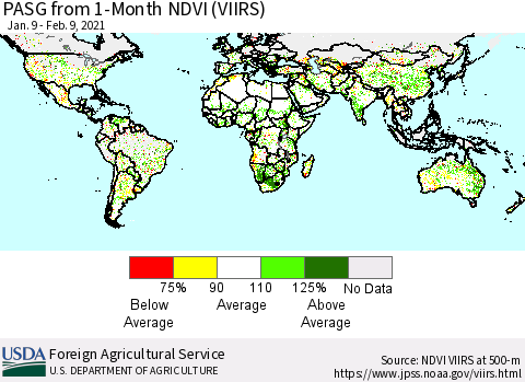 World PASG from 1-Month NDVI (VIIRS) Thematic Map For 2/1/2021 - 2/10/2021