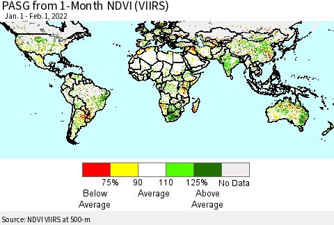 World PASG from 1-Month NDVI (VIIRS) Thematic Map For 1/25/2022 - 2/1/2022