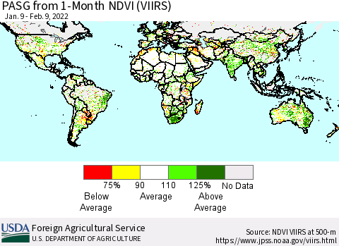 World PASG from 1-Month NDVI (VIIRS) Thematic Map For 2/1/2022 - 2/10/2022
