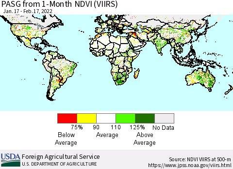 World PASG from 1-Month NDVI (VIIRS) Thematic Map For 2/11/2022 - 2/20/2022