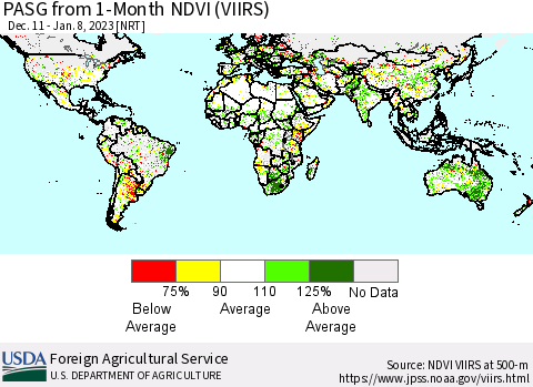 World PASG from 1-Month NDVI (VIIRS) Thematic Map For 1/1/2023 - 1/10/2023