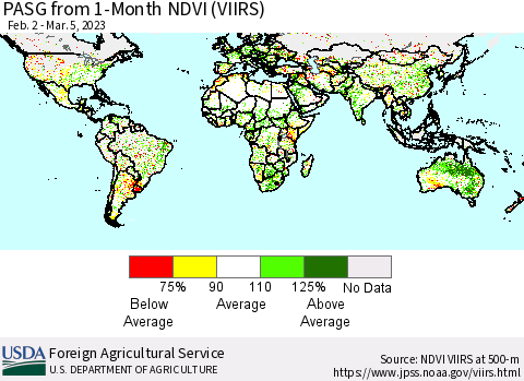 World PASG from 1-Month NDVI (VIIRS) Thematic Map For 3/1/2023 - 3/10/2023