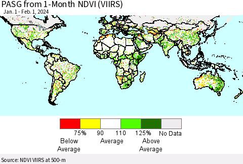 World PASG from 1-Month NDVI (VIIRS) Thematic Map For 1/25/2024 - 2/1/2024