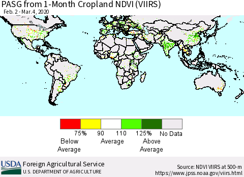 World PASG from 1-Month Cropland NDVI (VIIRS) Thematic Map For 3/1/2020 - 3/10/2020
