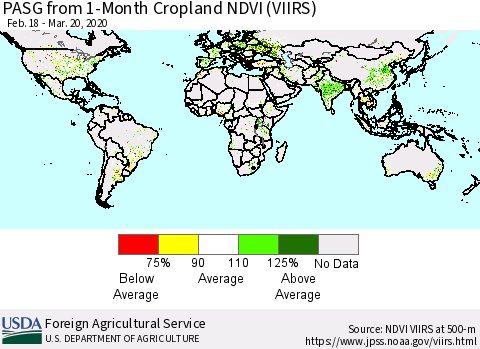 World PASG from 1-Month Cropland NDVI (VIIRS) Thematic Map For 3/11/2020 - 3/20/2020