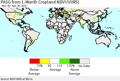 World PASG from 1-Month Cropland NDVI (VIIRS) Thematic Map For 4/21/2021 - 4/30/2021