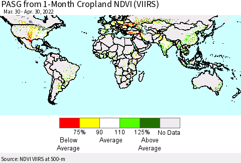 World PASG from 1-Month Cropland NDVI (VIIRS) Thematic Map For 4/23/2022 - 4/30/2022