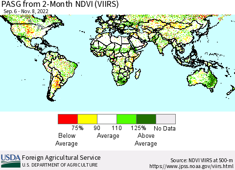 World PASG from 2-Month NDVI (VIIRS) Thematic Map For 11/1/2022 - 11/10/2022