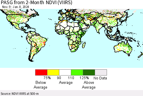World PASG from 2-Month NDVI (VIIRS) Thematic Map For 1/1/2024 - 1/8/2024