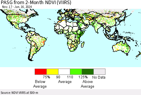 World PASG from 2-Month NDVI (VIIRS) Thematic Map For 1/9/2024 - 1/16/2024