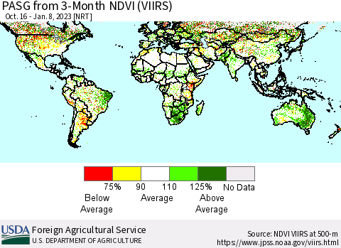 World PASG from 3-Month NDVI (VIIRS) Thematic Map For 1/1/2023 - 1/10/2023