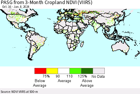 World PASG from 3-Month Cropland NDVI (VIIRS) Thematic Map For 1/1/2024 - 1/8/2024