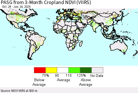 World PASG from 3-Month Cropland NDVI (VIIRS) Thematic Map For 1/9/2024 - 1/16/2024