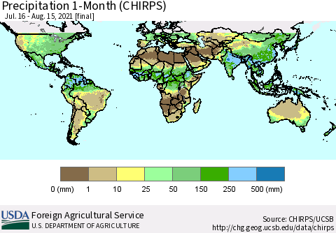 World Precipitation 1-Month (CHIRPS) Thematic Map For 7/16/2021 - 8/15/2021