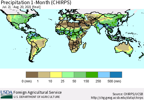 World Precipitation 1-Month (CHIRPS) Thematic Map For 7/21/2021 - 8/20/2021