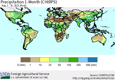 World Precipitation 1-Month (CHIRPS) Thematic Map For 8/1/2021 - 8/31/2021