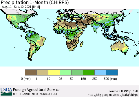 World Precipitation 1-Month (CHIRPS) Thematic Map For 8/11/2021 - 9/10/2021