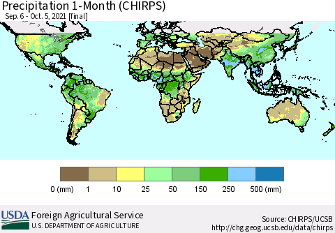 World Precipitation 1-Month (CHIRPS) Thematic Map For 9/6/2021 - 10/5/2021