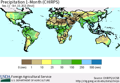 World Precipitation 1-Month (CHIRPS) Thematic Map For 9/11/2021 - 10/10/2021