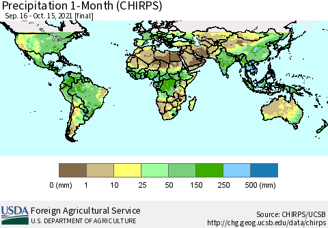 World Precipitation 1-Month (CHIRPS) Thematic Map For 9/16/2021 - 10/15/2021
