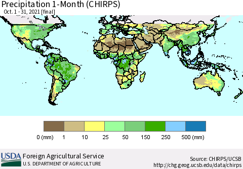 World Precipitation 1-Month (CHIRPS) Thematic Map For 10/1/2021 - 10/31/2021