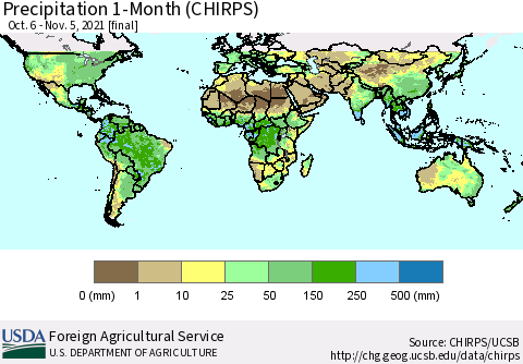 World Precipitation 1-Month (CHIRPS) Thematic Map For 10/6/2021 - 11/5/2021