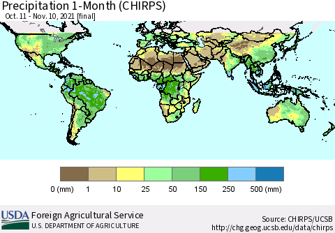 World Precipitation 1-Month (CHIRPS) Thematic Map For 10/11/2021 - 11/10/2021