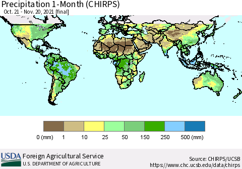 World Precipitation 1-Month (CHIRPS) Thematic Map For 10/21/2021 - 11/20/2021